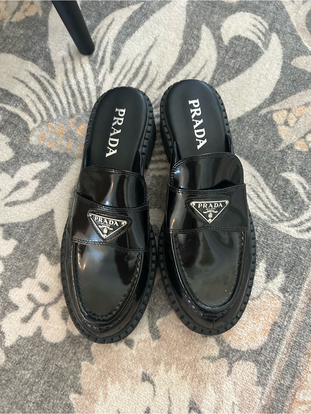 Prada Black Patent Leather Triangle Logo Loafer Mules Size 40/US 9